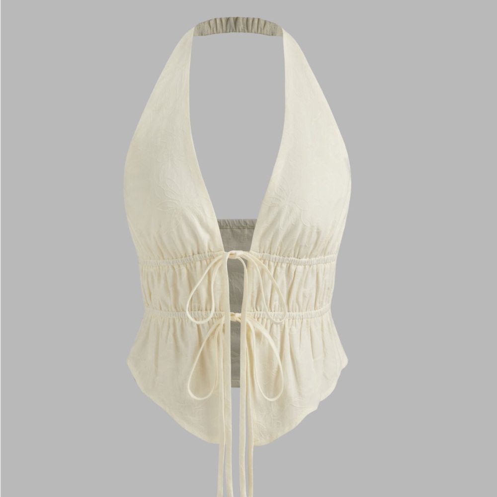 CIDER HALTER V-NECK KNOTTED RUCHED TOP, 0